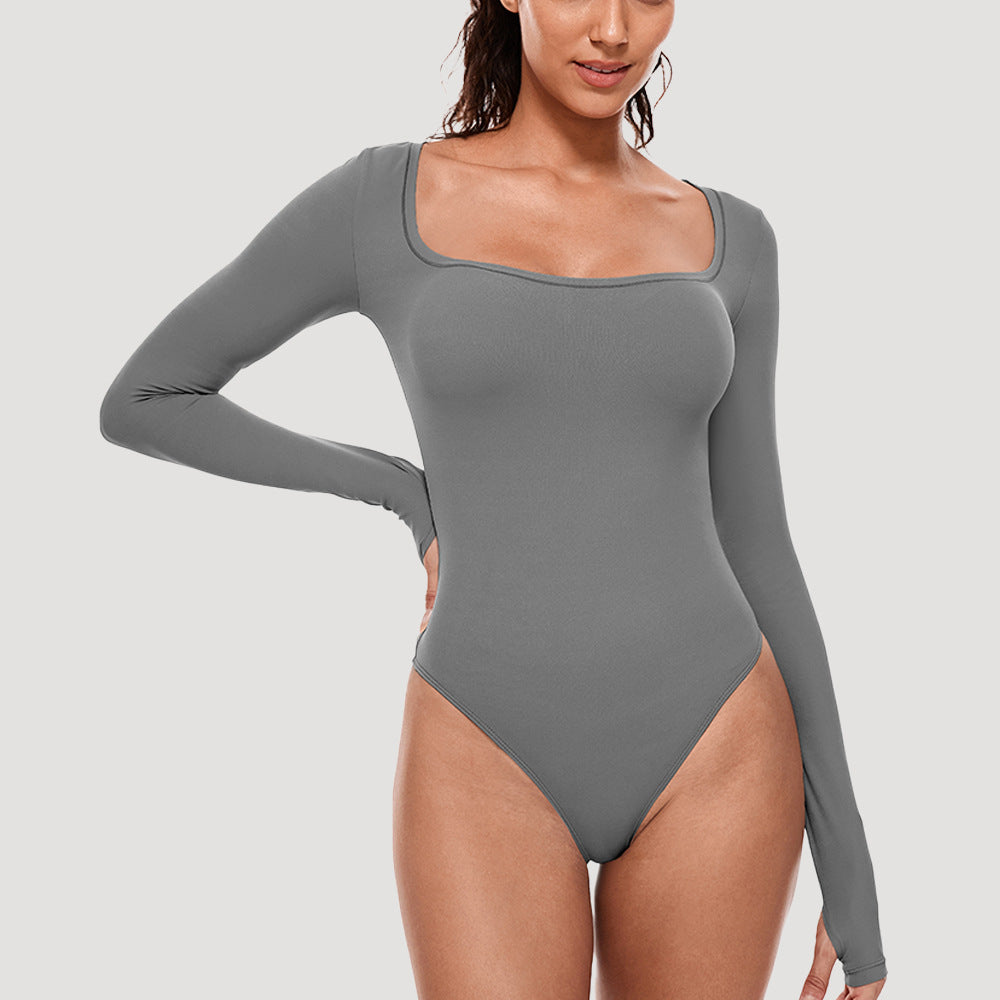 Dame Elegant Langærmet Bodysuit i strækbart materiale med dyb udskæring Stilla