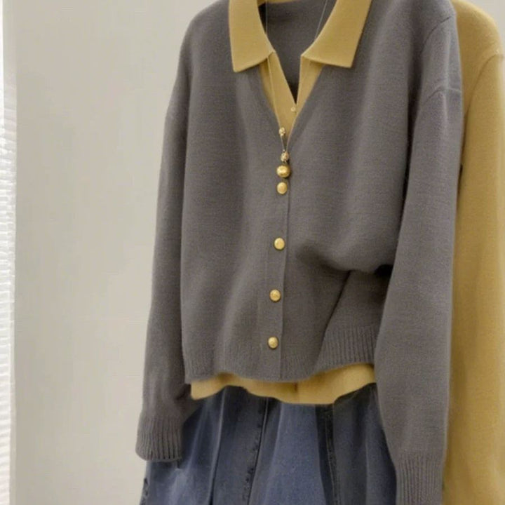 Kvinders fashionable cardigan med elegant krave og store knapper Stilla