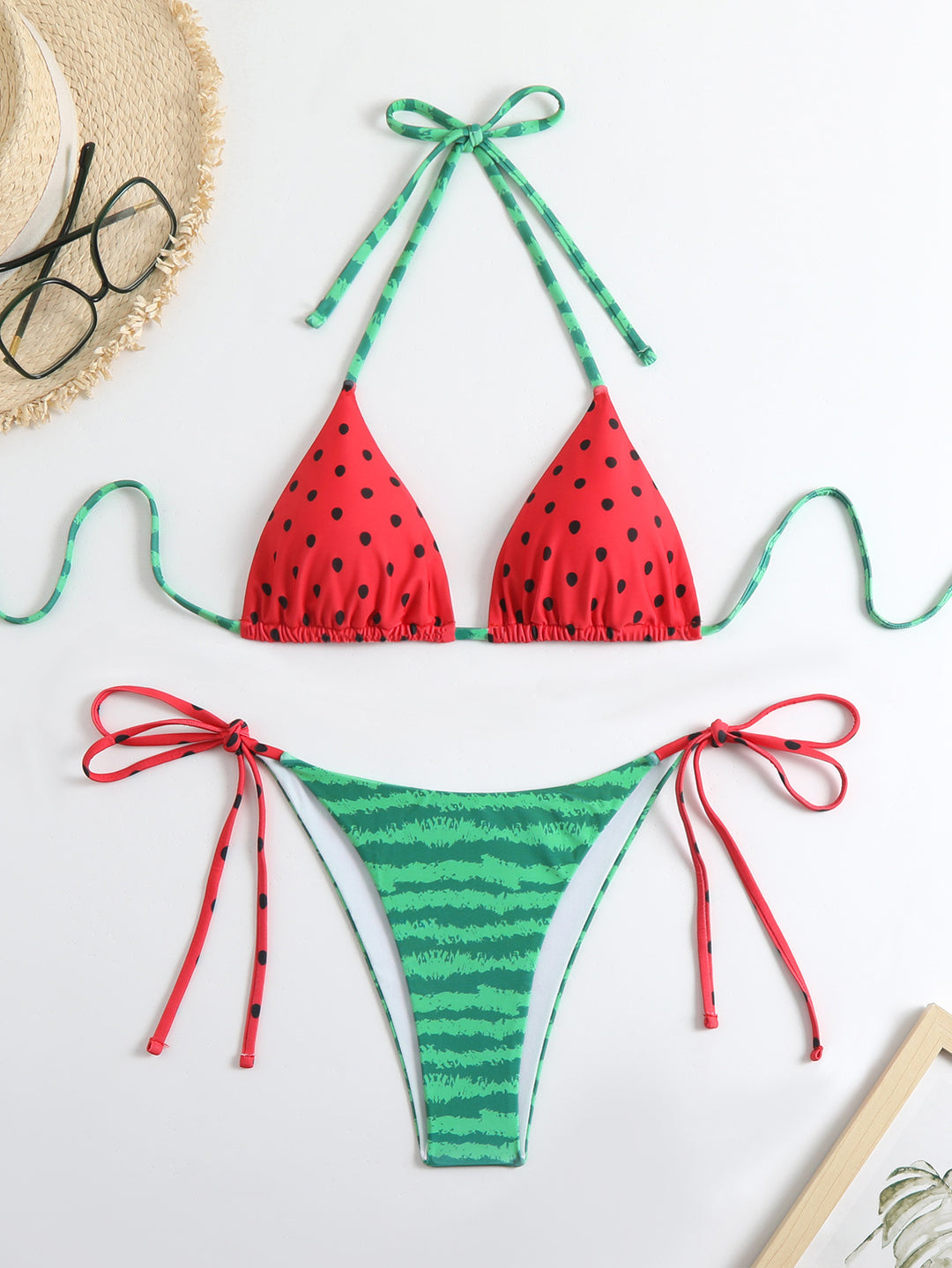 Dame triangel-bikini med legende frugtdesign og justerbare stropper Skovae