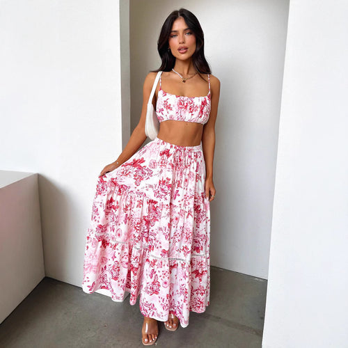 Dame To-delt Sommeroutfit med blomsteret Top og Maxi-Nederdel Skovae