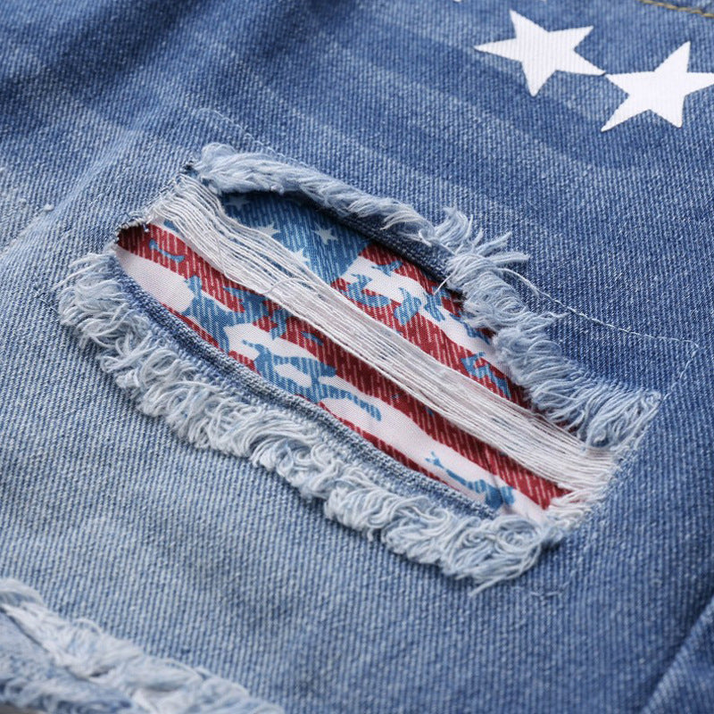 Dame Modische Destroyed Shorts med patriotisk motiv Stilla