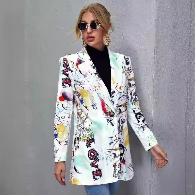 Dame Fashion Blazerjakke med spændende comic-design og afslappet snit Stilla