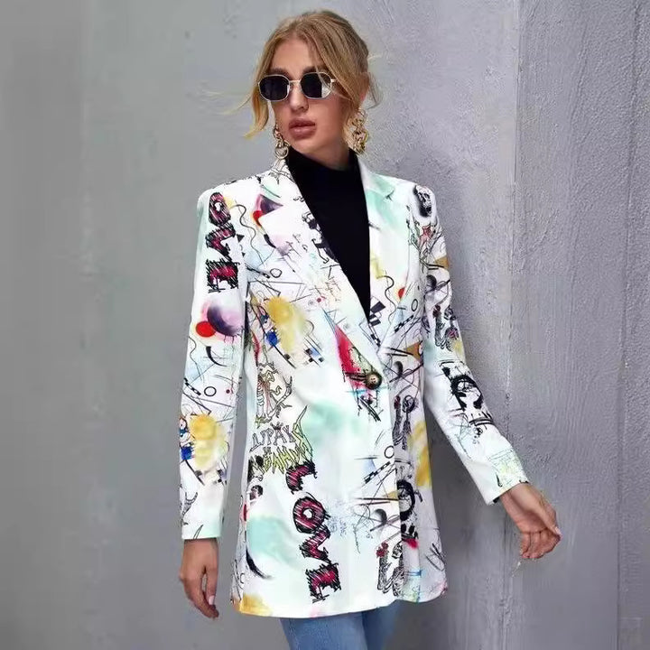 Dame Fashion Blazerjakke med spændende comic-design og afslappet snit Stilla