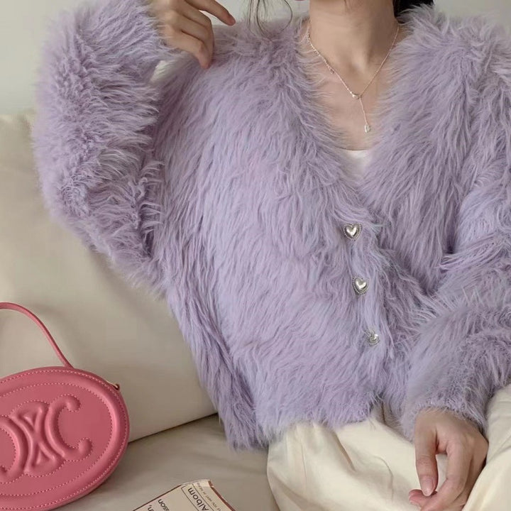 Kvinder Fluffy Cardigan med Hjerte Knapper Stilla