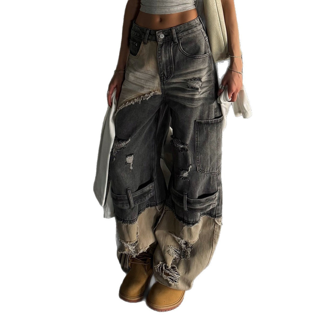Kvinders trendy cargo jeans med filtet design og drop crotch Stilla