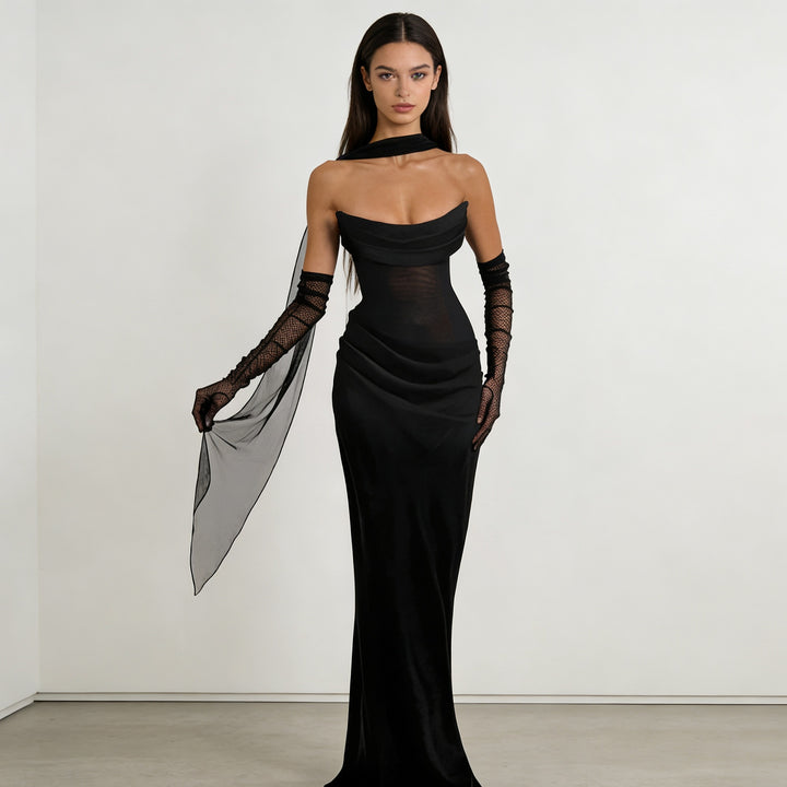 Dame Elegante off-the-shoulder maxi-kjole med forførende flæsedetail Skovae