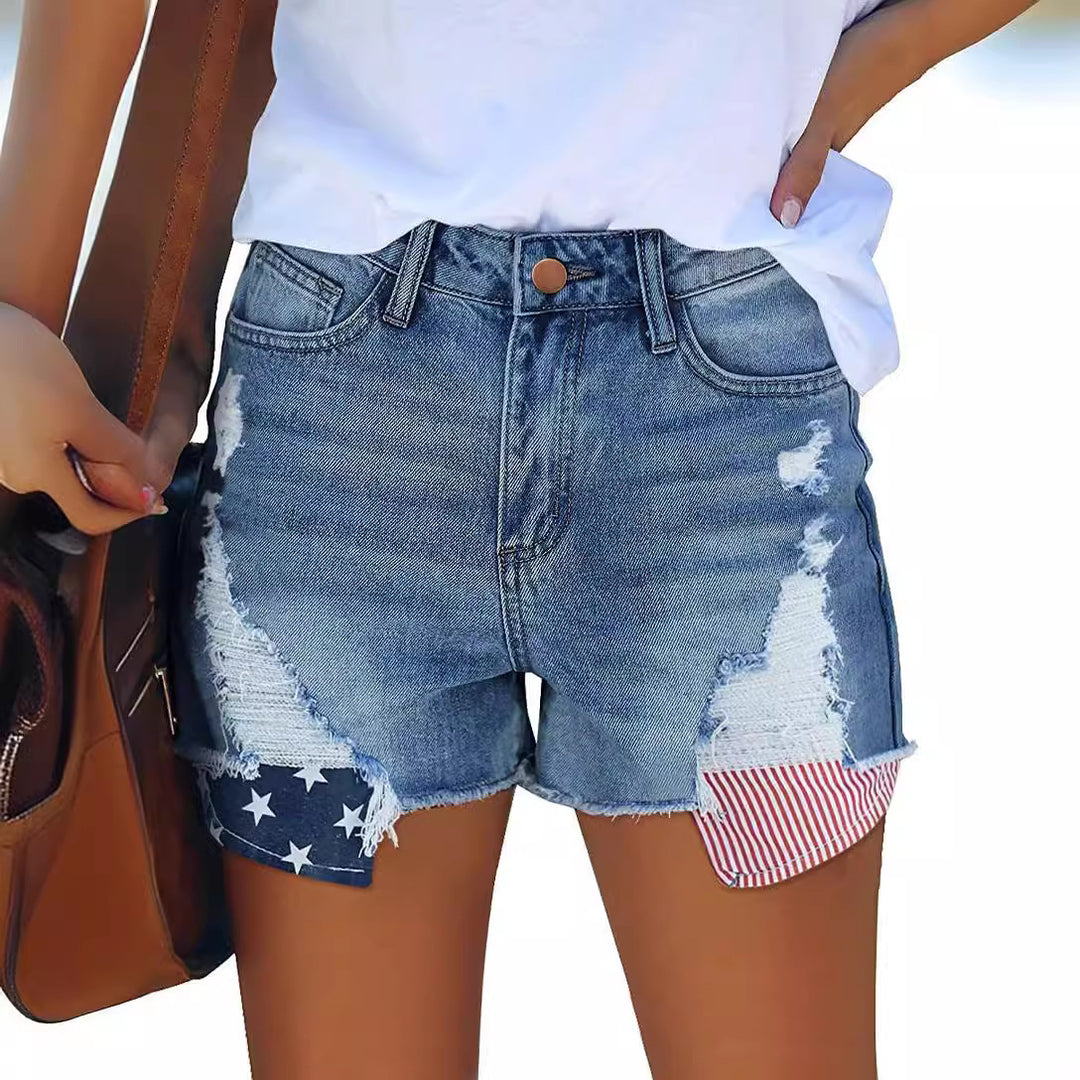 Dame Destroyed Denim-shorts med kreative patch-detaljer Skovae