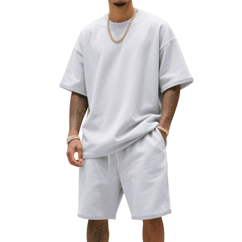 Herrer afslappet jersey-sæt med forlænget rundhalset T-shirt og elastiske snoretræk-shorts Skovae