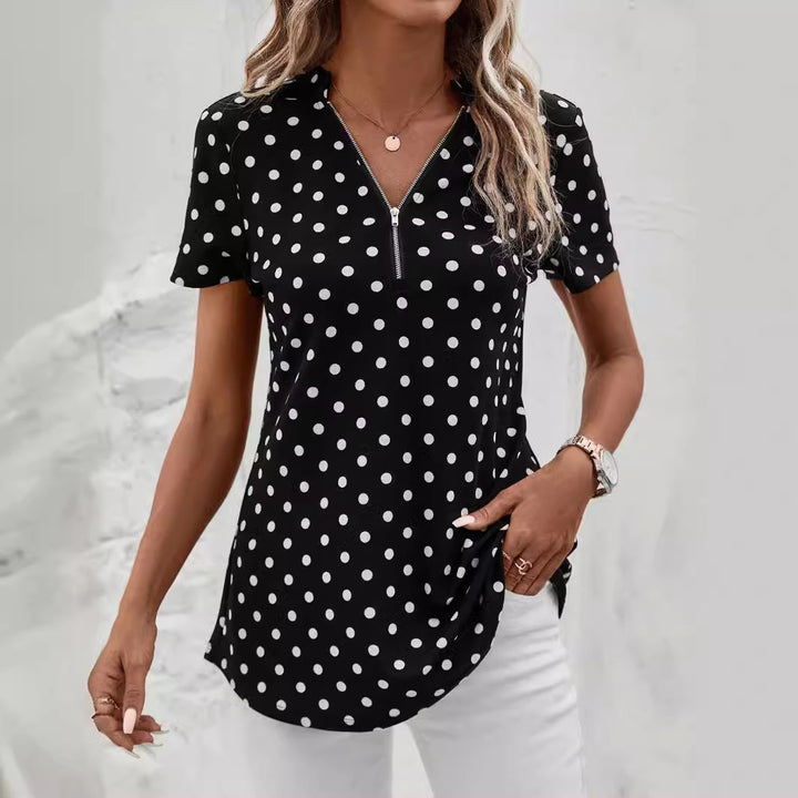 Dame Polka Dot Kortærmet Bluse med Lynlås Stilla