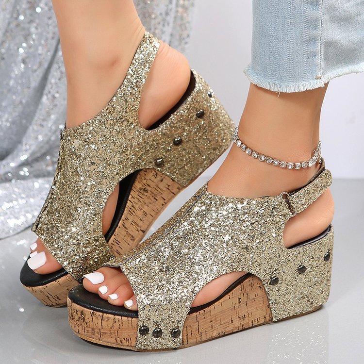 Dame wedge-sandaletter med glitrende overmateriale og moderne kork-detalje Stilla