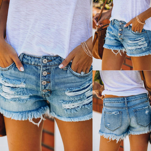 Dame Destroyed Denim-Shorts med højt liv og frynset søm Stilla