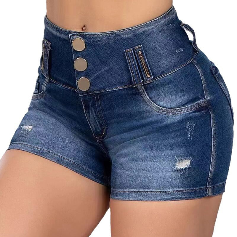 Damer Højtaljede Denim-Shorts med knapdetaljer og trendy snit Stilla