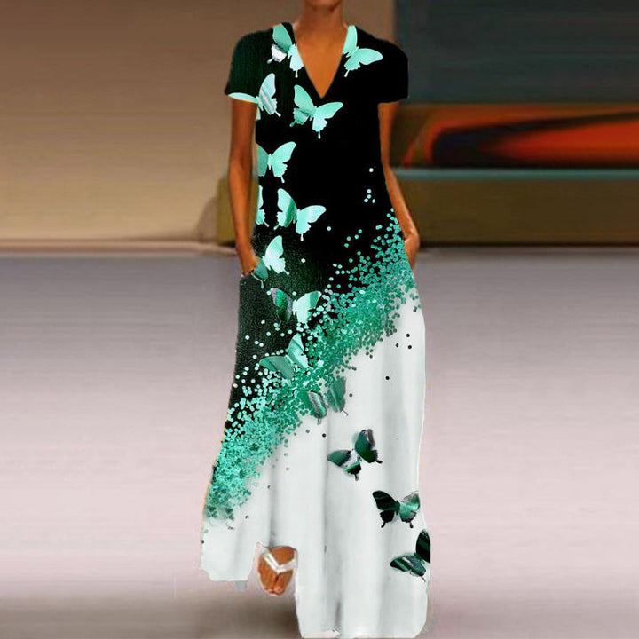 Stilla | Chic Butterfly Print V-hals Korte Ærmer Kjole