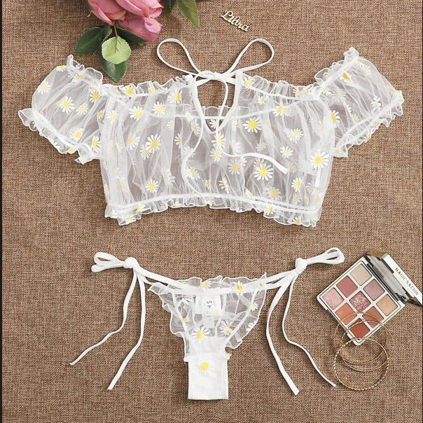 Dame Floral Broderet Crop-Top og Cheeky Brief-Sæt Stilla