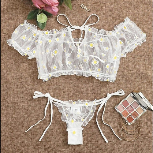 Dame Floral Broderet Crop-Top og Cheeky Brief-Sæt Stilla