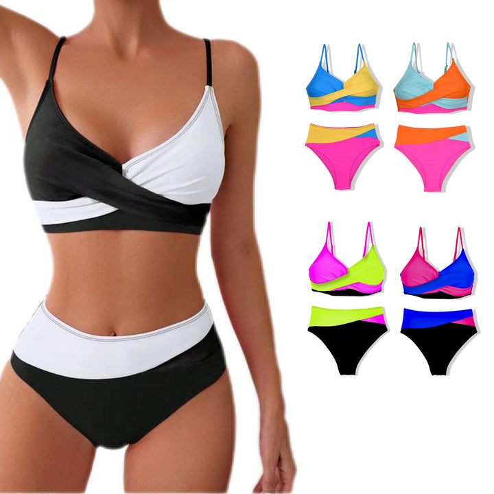 Damer Farverig mønstret Bikini med krydset design og høj talje Stilla