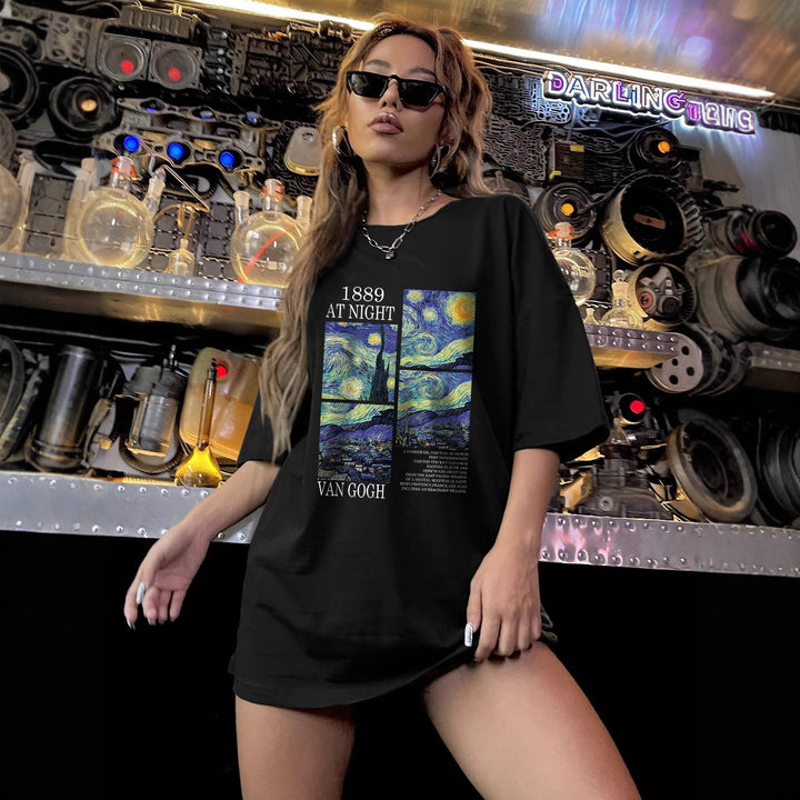 Dame Oversized T-shirt med kunstnerisk Van Gogh tryk Stilla