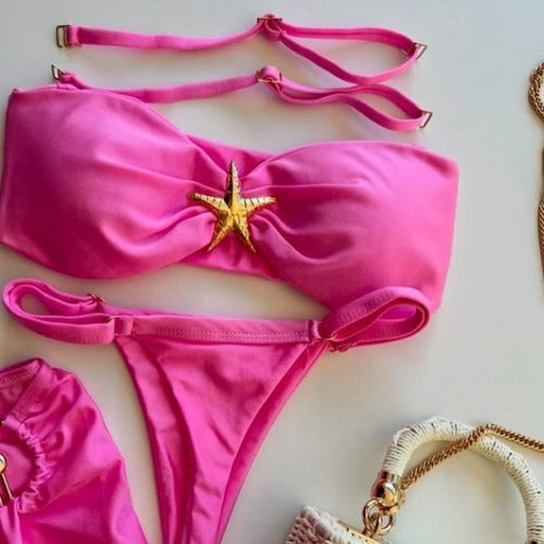 Dame bandeau-bikini med dekorativt stjerne-element og justerbare stropper Stilla