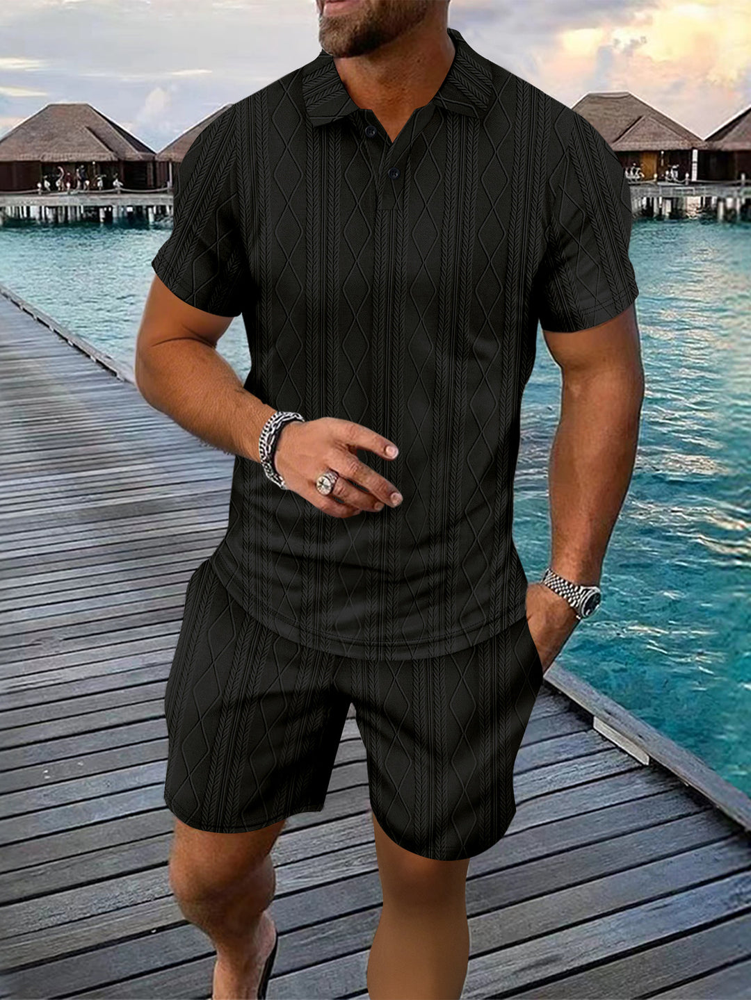 Herrer Strukturstrik Polo og Shorts Sæt Stilla