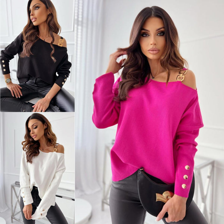 Dame Oversized Pullover med skulderudskæringer og dekorative knapper Stilla