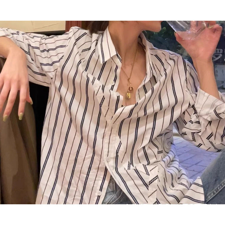Dame elegant stribet Overshirt-bluse med afslappet snit og lange ærmer Stilla