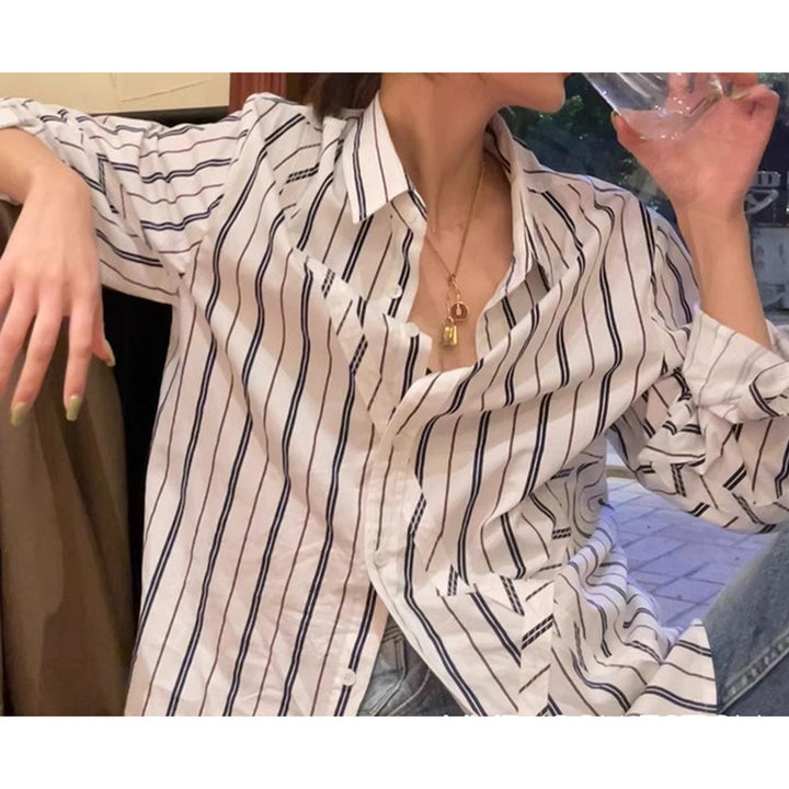 Dame elegant stribet Overshirt-bluse med afslappet snit og lange ærmer Stilla