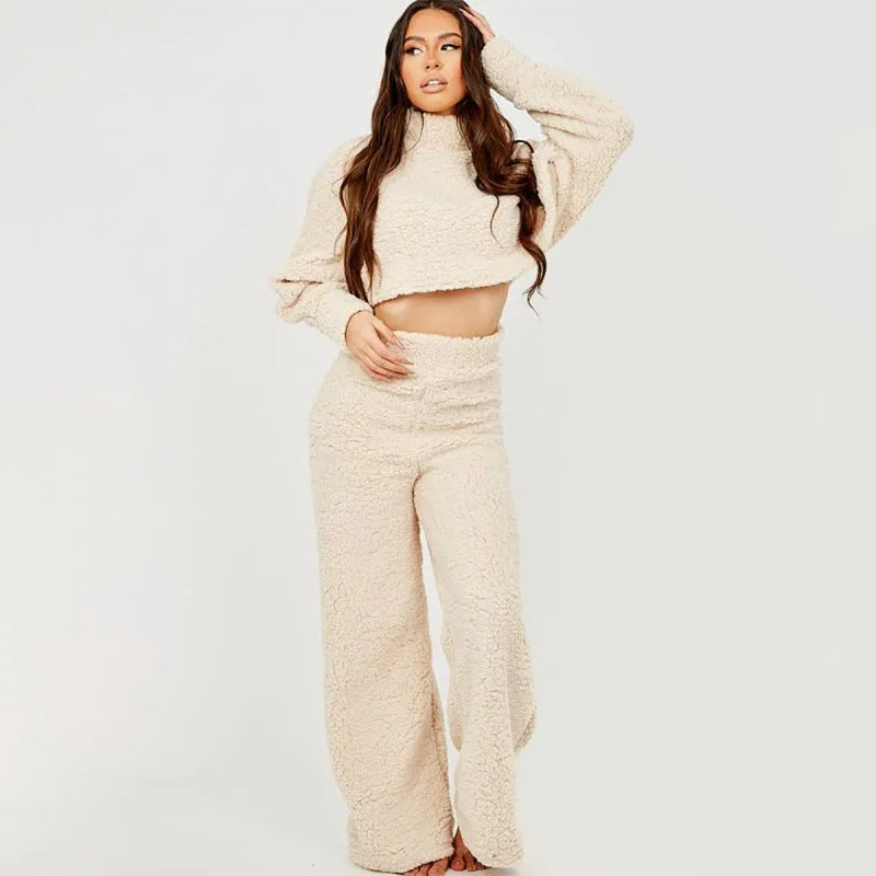 Dame Mode Cropped Sweater og Fluffy Bukser Sæt Stilla