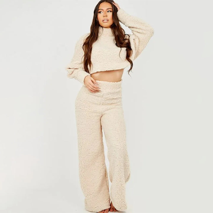 Dame Mode Cropped Sweater og Fluffy Bukser Sæt Stilla