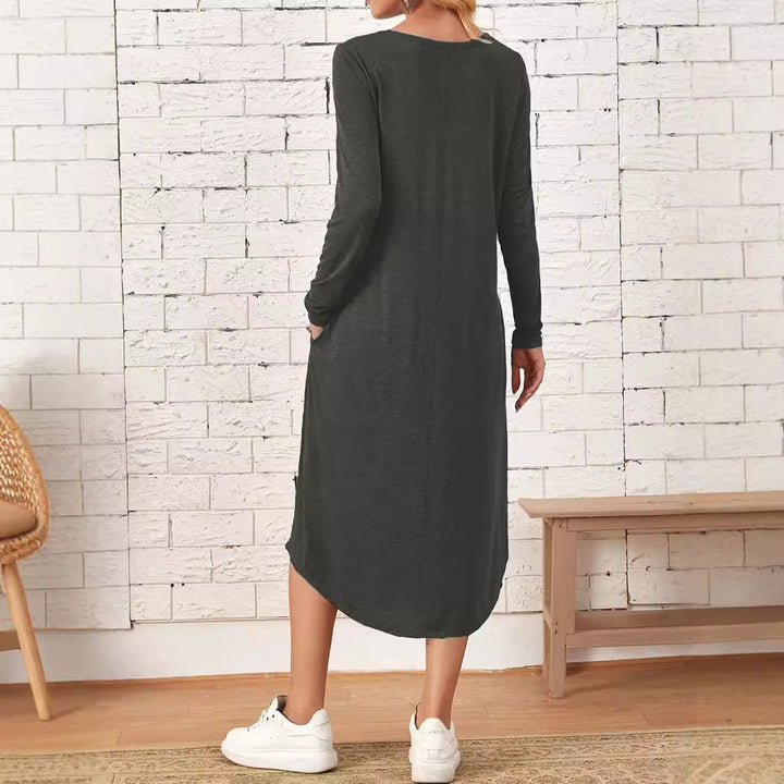 Dame elegant Langærmet-kjole med asymmetrisk kant og komfortabel pasform Stilla