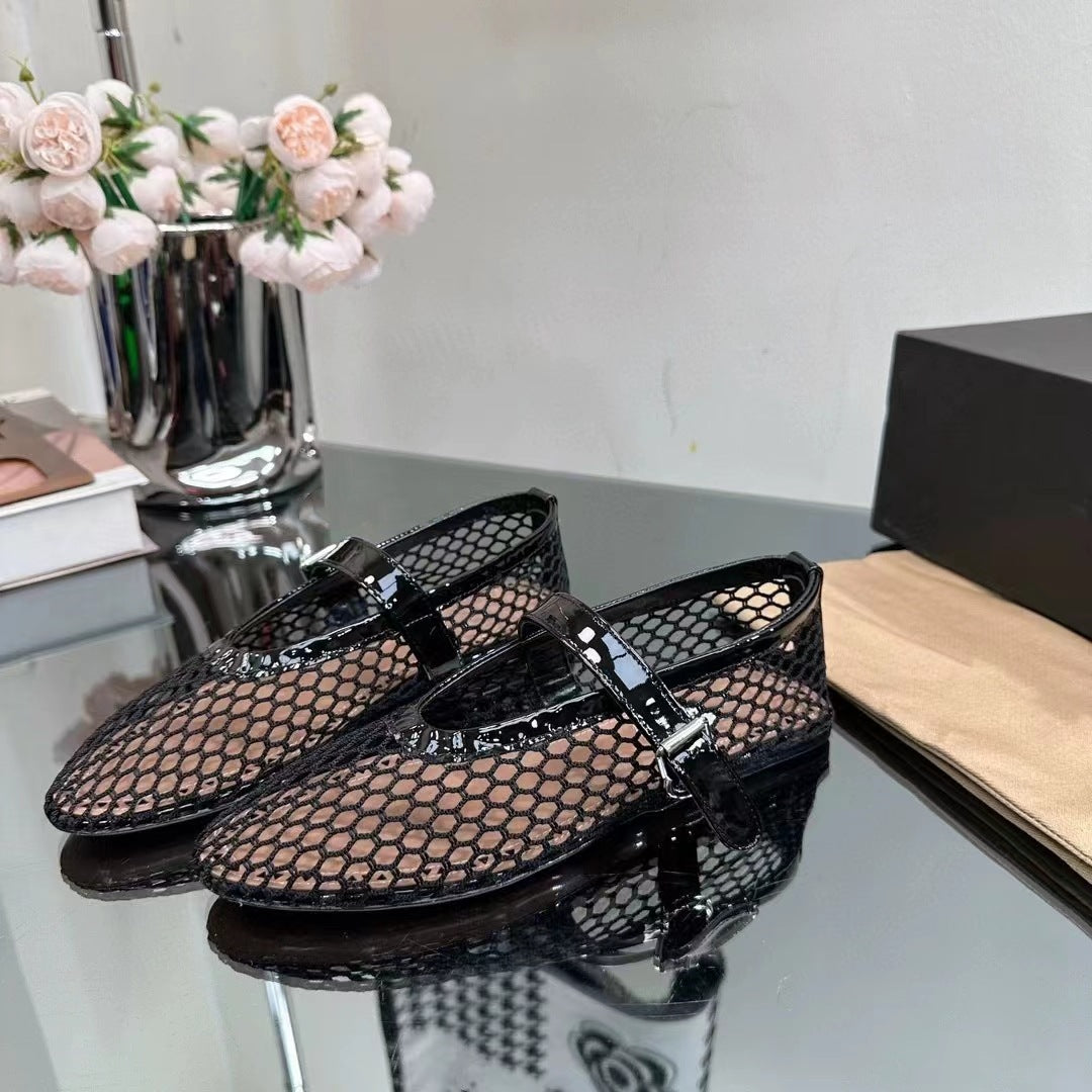 Femme Elegante Mesh Ballerina Flats med dekorativ rem Stilla