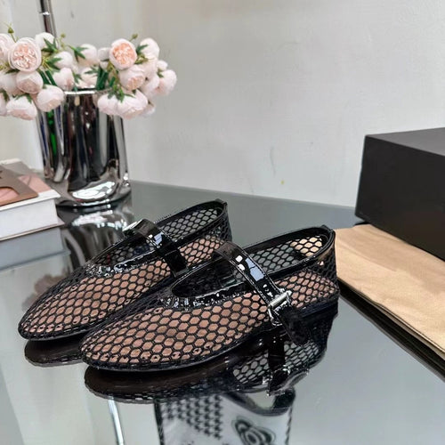 Femme Elegante Mesh Ballerina Flats med dekorativ rem Stilla