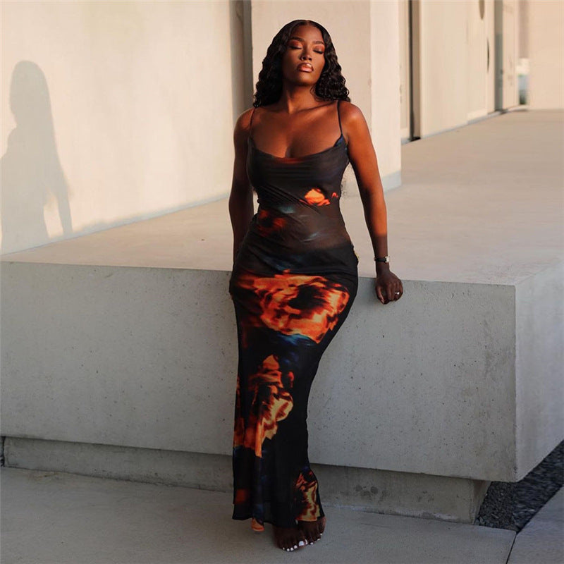 Damer kjole med gennemsigtigt design og blomstertrykt Skovae