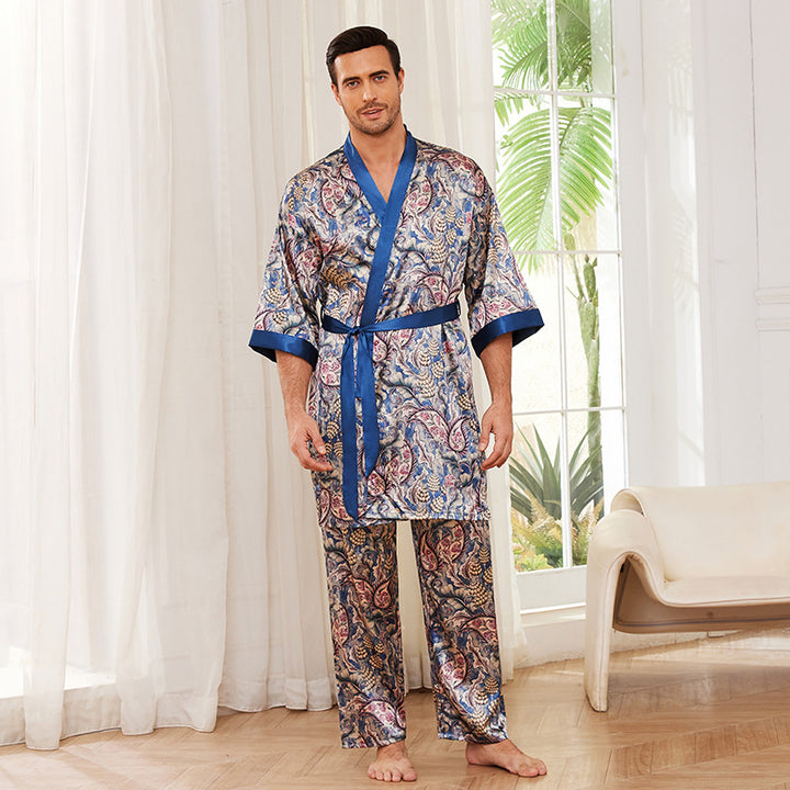 Herrer satin pyjamasæt med kunstnerisk barok mønster og tætsiddende bælte Stilla