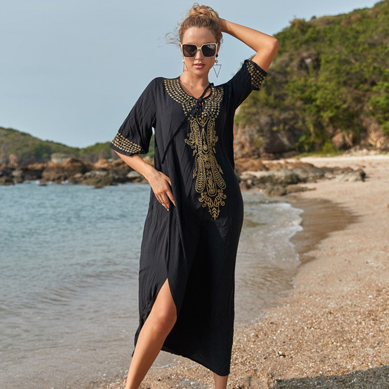 Dame Kaftan med kunstnerisk, detaljeret broderidesign og luftige ærmer Stilla