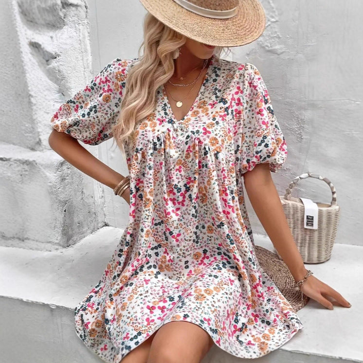 Dame Floral Print Puff Sleeve Mini Kjole Stilla