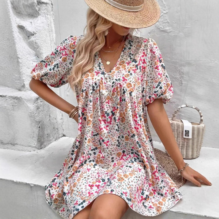 Dame Floral Print Puff Sleeve Mini Kjole Stilla
