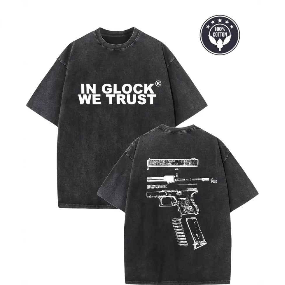 Dame T-shirt med grafisk gun-design og vintage-effekt Stilla