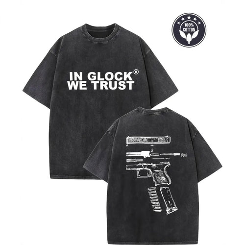 Dame T-shirt med grafisk gun-design og vintage-effekt Stilla
