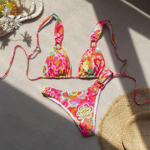 Dame trekant-bikini med justerbare stropper og iøjefaldende blomsterdesign Skovae