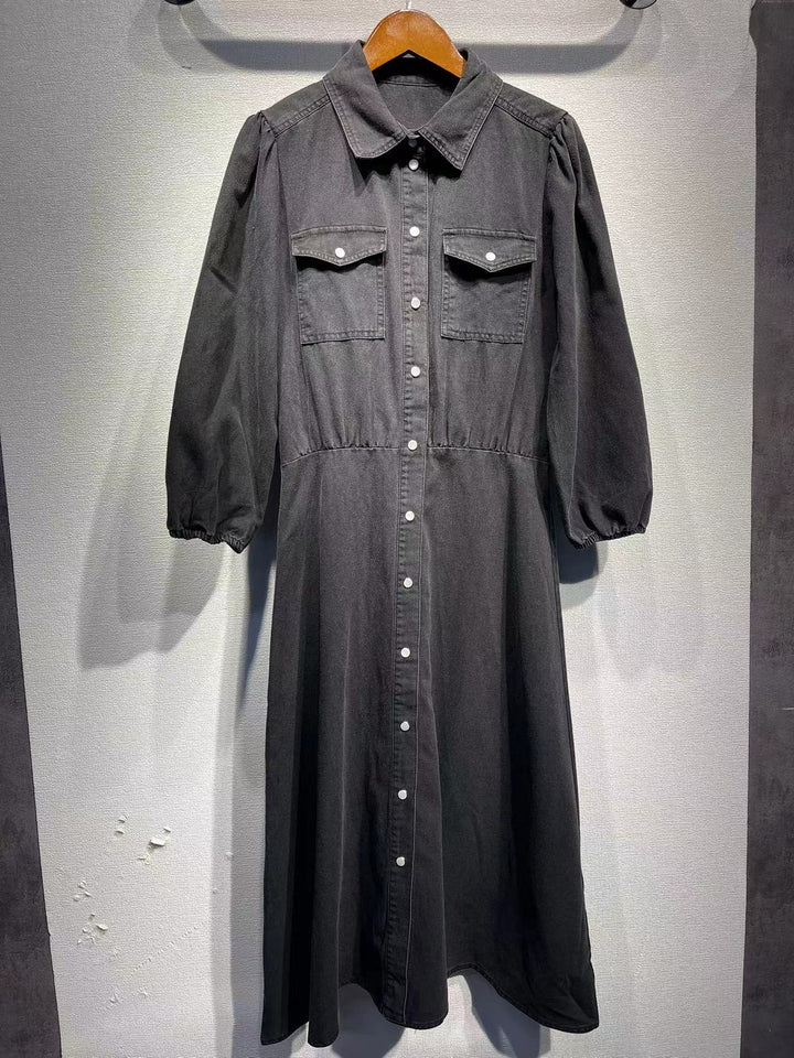 Dame skjortekjole med detaljerede lommer og elegante puffærmer Stilla