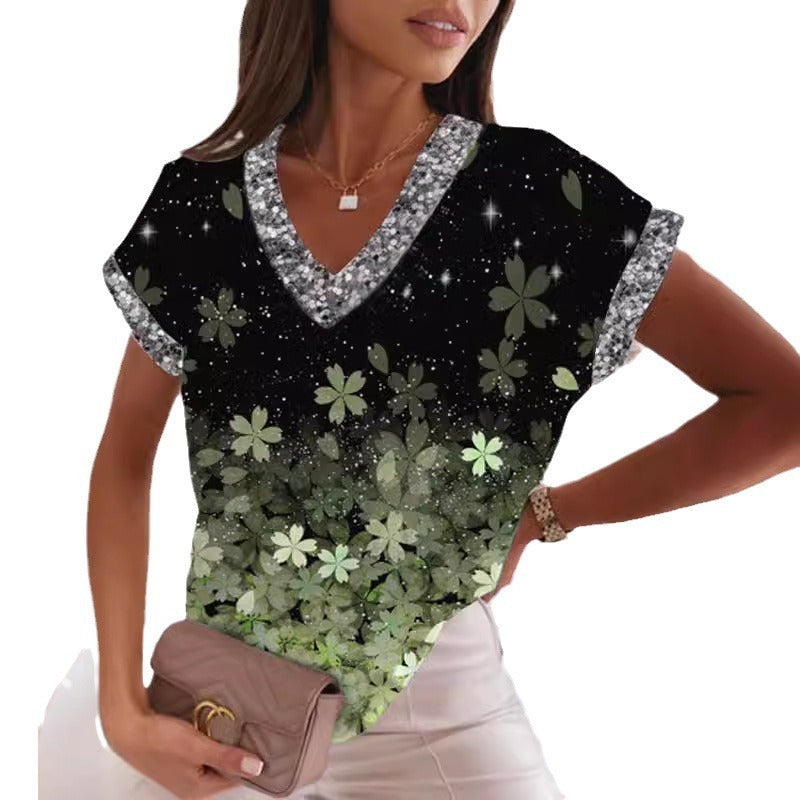 Stilla | Trendy Print V-Hals Batwing Ærme T-shirt