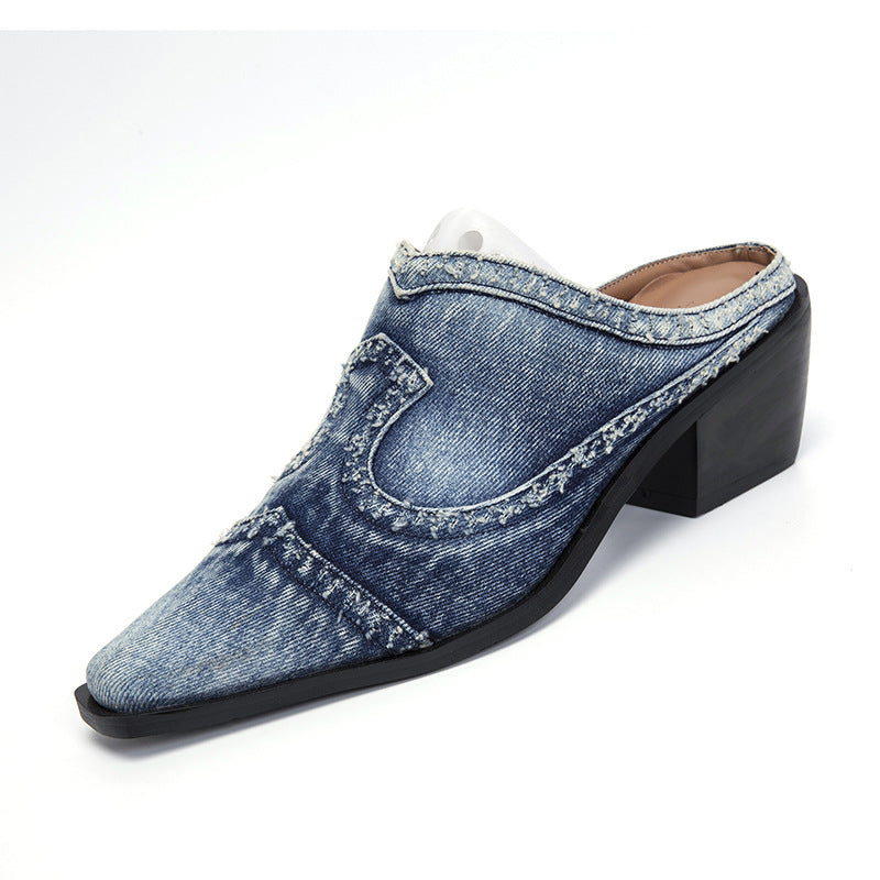 Damer nan Jeans-Sandaler med spidse tæer, frynsede kanter og middelhøj blokhæl Skovae
