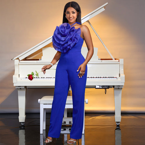 Dame elegant jumpsuit med voluminøs blomsterkrave Skovae