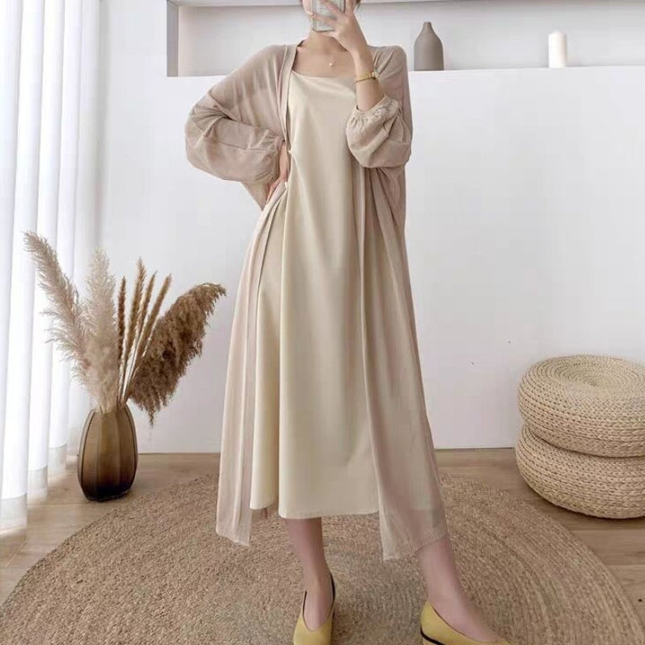 Damer Elegant lang cardigan med ballonformede ærmer og åben front Stilla