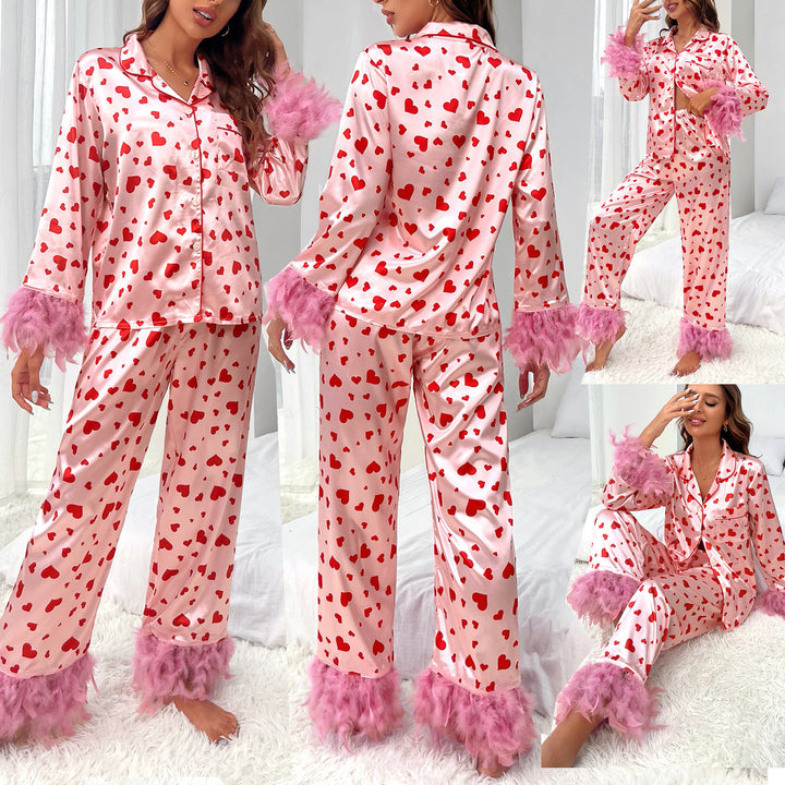 Dame Satin Pyjamasæt med hjerte motiv og fjer Stilla