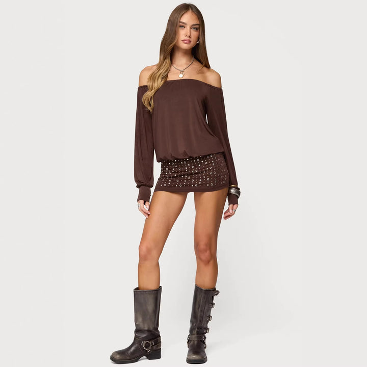 Dame Off-Shoulder Top med elegante lange ærmer og figursyet nederdel Skovae