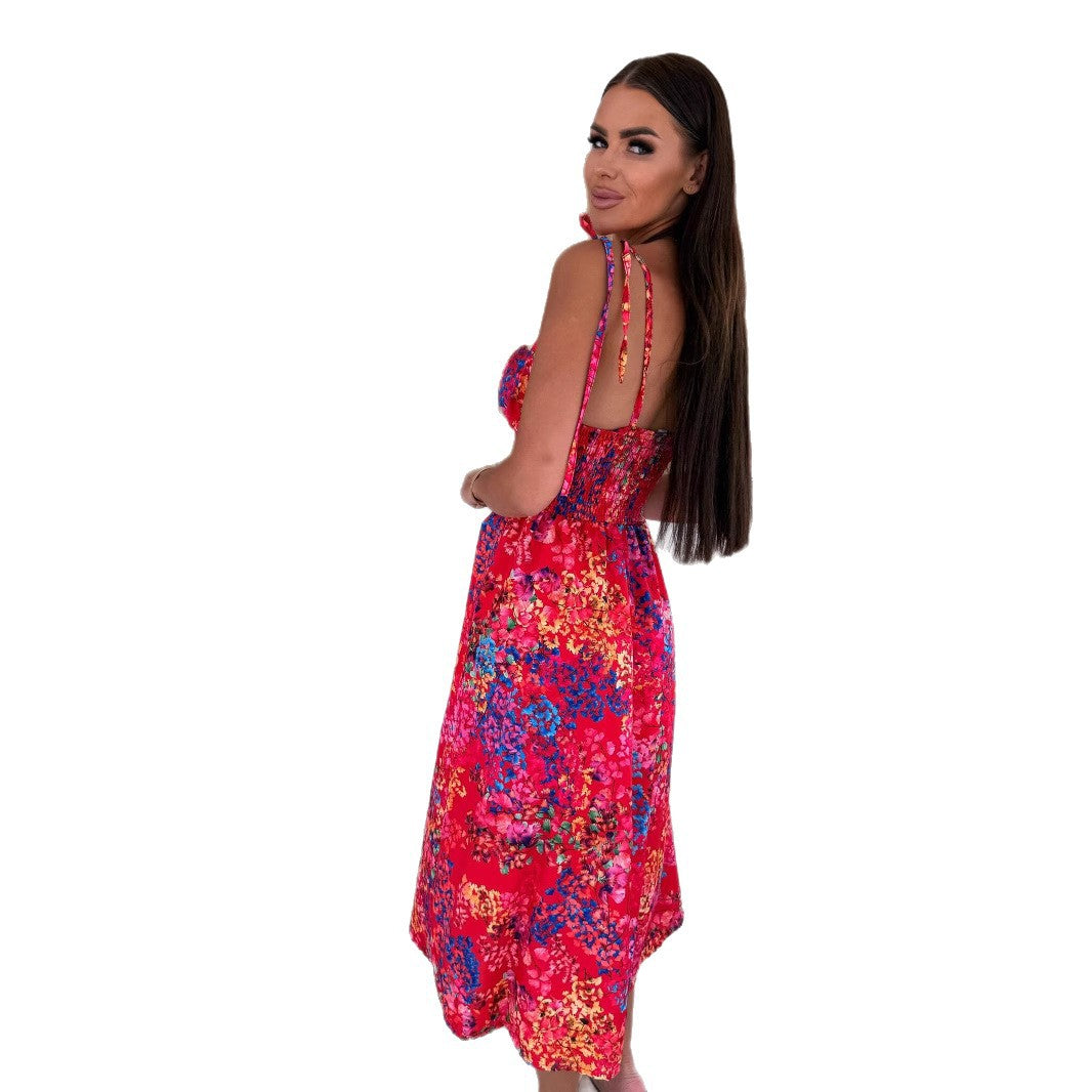 Dame Floral Print Midi Kjole med Ruffles Stropper Stilla