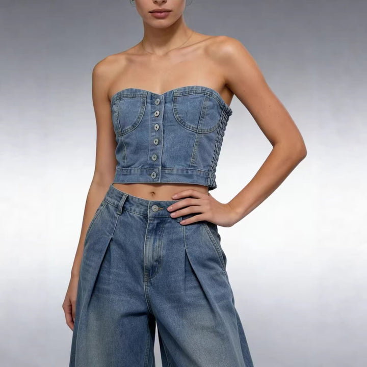 Dame Denim Bustier-overdel med knapdetaljer og figursyet snit Skovae