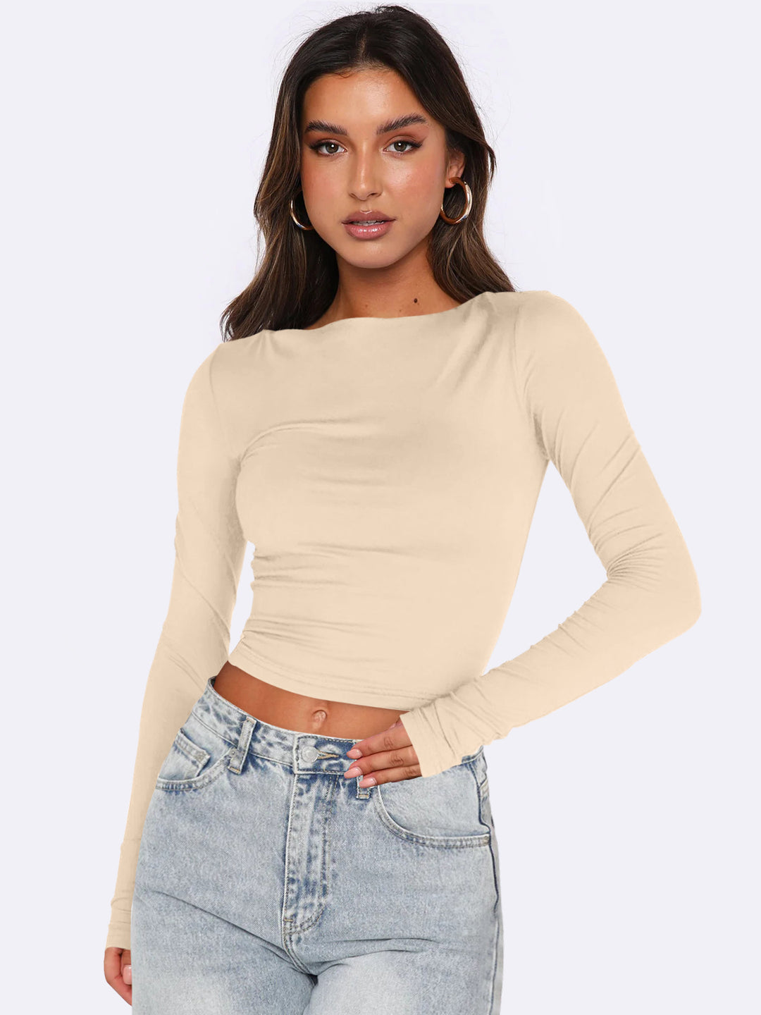 Dame Langærmet Crop-Top med figursyet snit og strækbart materiale Stilla