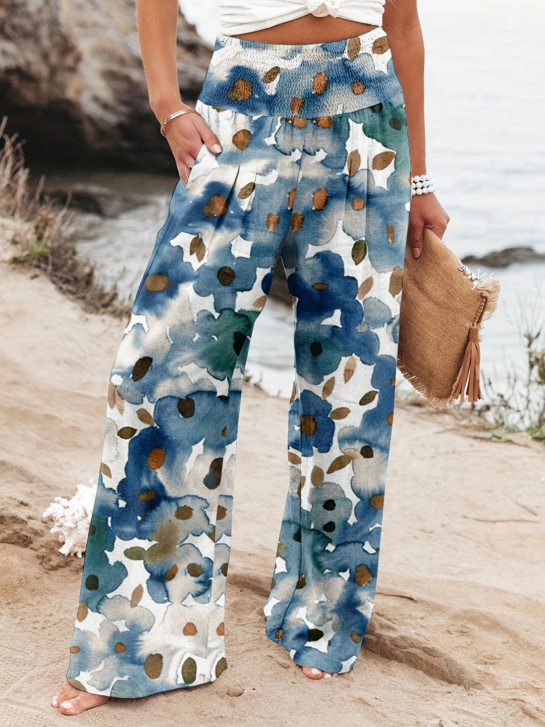 Dame Løs fit Strandbukser med blomsterprints og elastisk talje Stilla